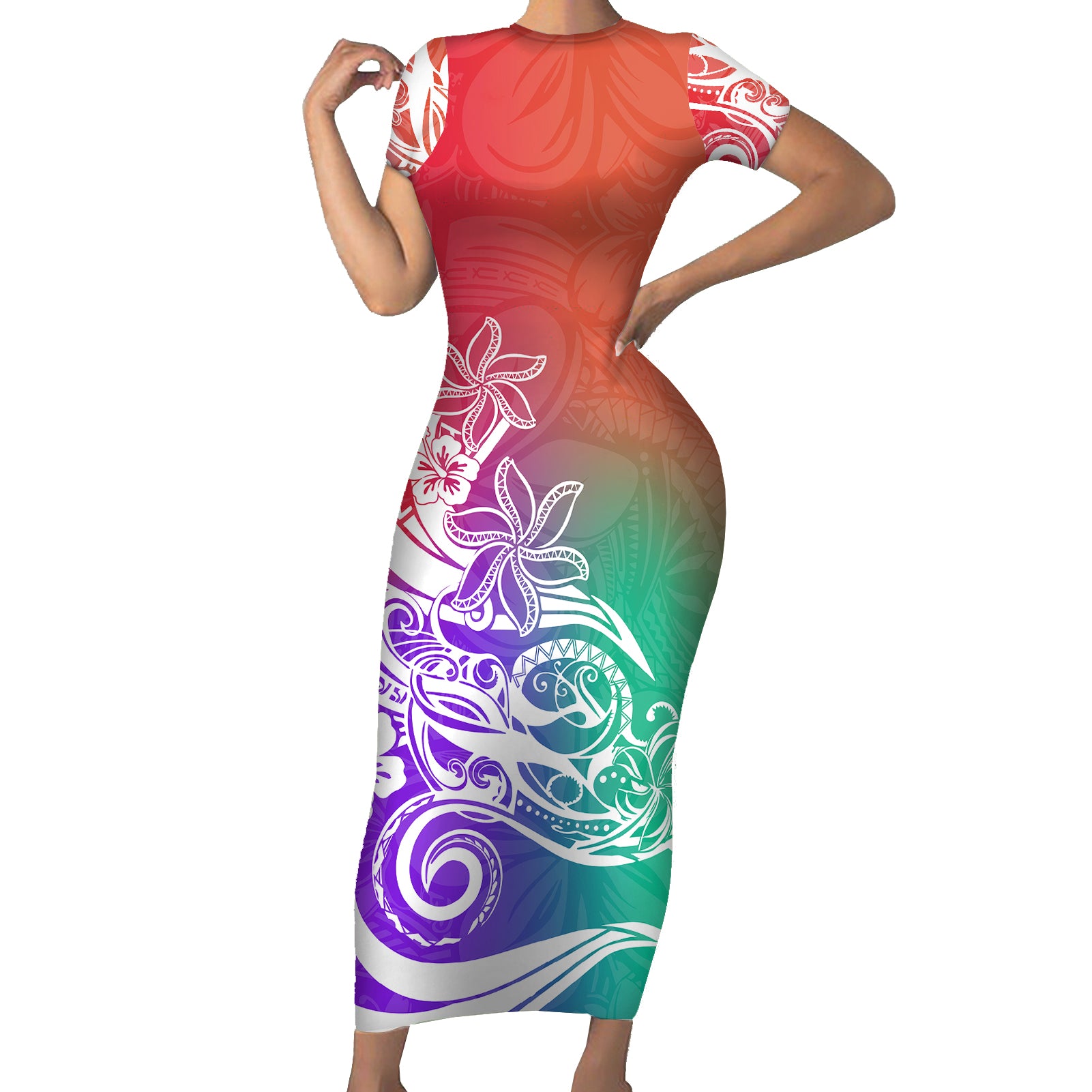 Polynesian Sunset Plumeria Short Sleeve Bodycon Dress Pacific Island Tribal Blossom Style - Wonder Print Shop