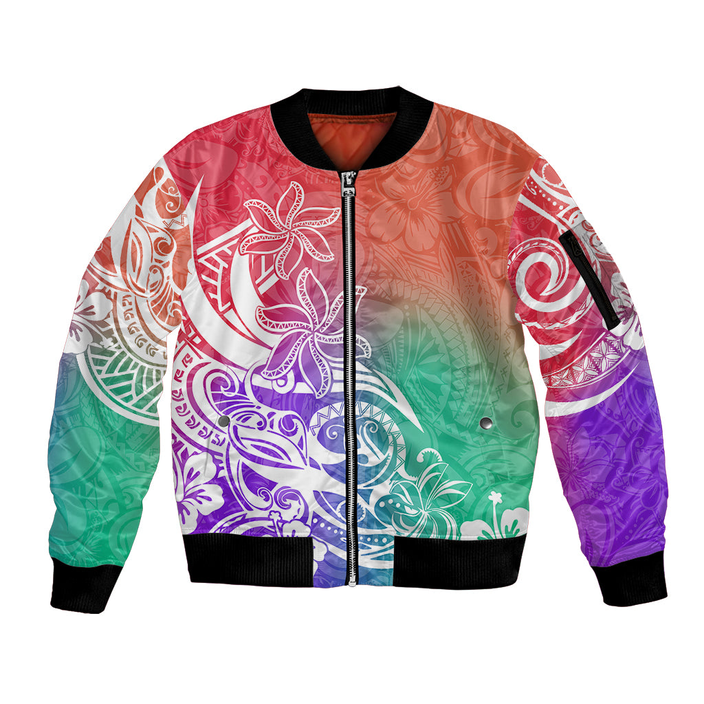 Polynesian Sunset Plumeria Sleeve Zip Bomber Jacket Pacific Island Tribal Blossom Style - Wonder Print Shop