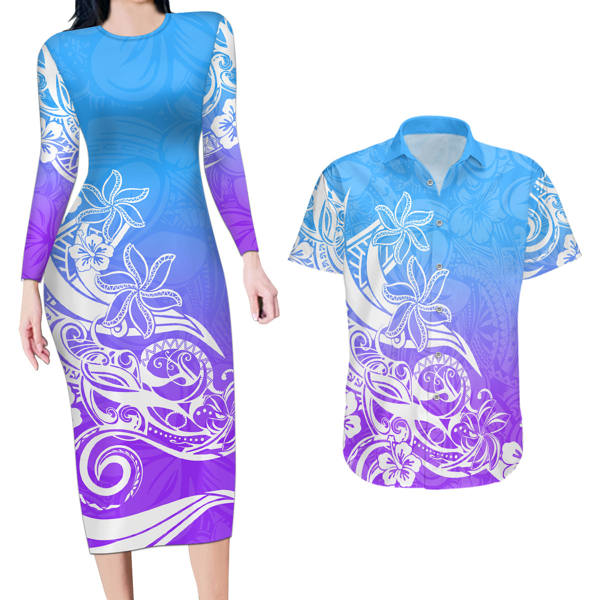 Polynesian Sunset Plumeria Couples Matching Long Sleeve Bodycon Dress and Hawaiian Shirt Pacific Island Tribal Blue Style LT9 - Wonder Print Shop