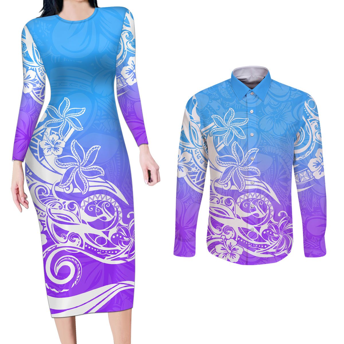Polynesian Sunset Plumeria Couples Matching Long Sleeve Bodycon Dress and Long Sleeve Button Shirts Pacific Island Tribal Blue Style LT9 - Wonder Print Shop
