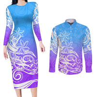 Polynesian Sunset Plumeria Couples Matching Long Sleeve Bodycon Dress and Long Sleeve Button Shirts Pacific Island Tribal Blue Style LT9 - Wonder Print Shop