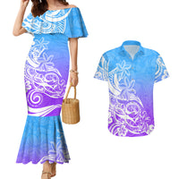 Polynesian Sunset Plumeria Couples Matching Mermaid Dress and Hawaiian Shirt Pacific Island Tribal Blue Style LT9 - Wonder Print Shop