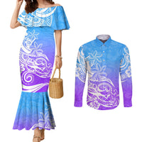 polynesian-sunset-plumeria-couples-matching-mermaid-dress-and-long-sleeve-button-shirts-pacific-island-tribal-blue-style