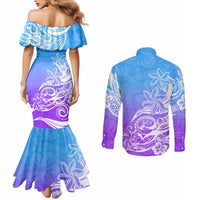 polynesian-sunset-plumeria-couples-matching-mermaid-dress-and-long-sleeve-button-shirts-pacific-island-tribal-blue-style