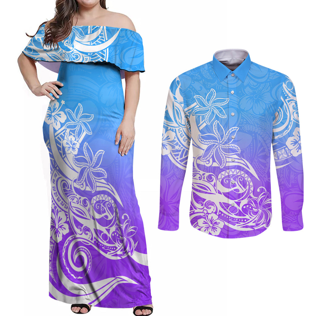 Polynesian Sunset Plumeria Couples Matching Off Shoulder Maxi Dress and Long Sleeve Button Shirts Pacific Island Tribal Blue Style LT9 - Wonder Print Shop