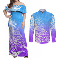 Polynesian Sunset Plumeria Couples Matching Off Shoulder Maxi Dress and Long Sleeve Button Shirts Pacific Island Tribal Blue Style LT9 - Wonder Print Shop