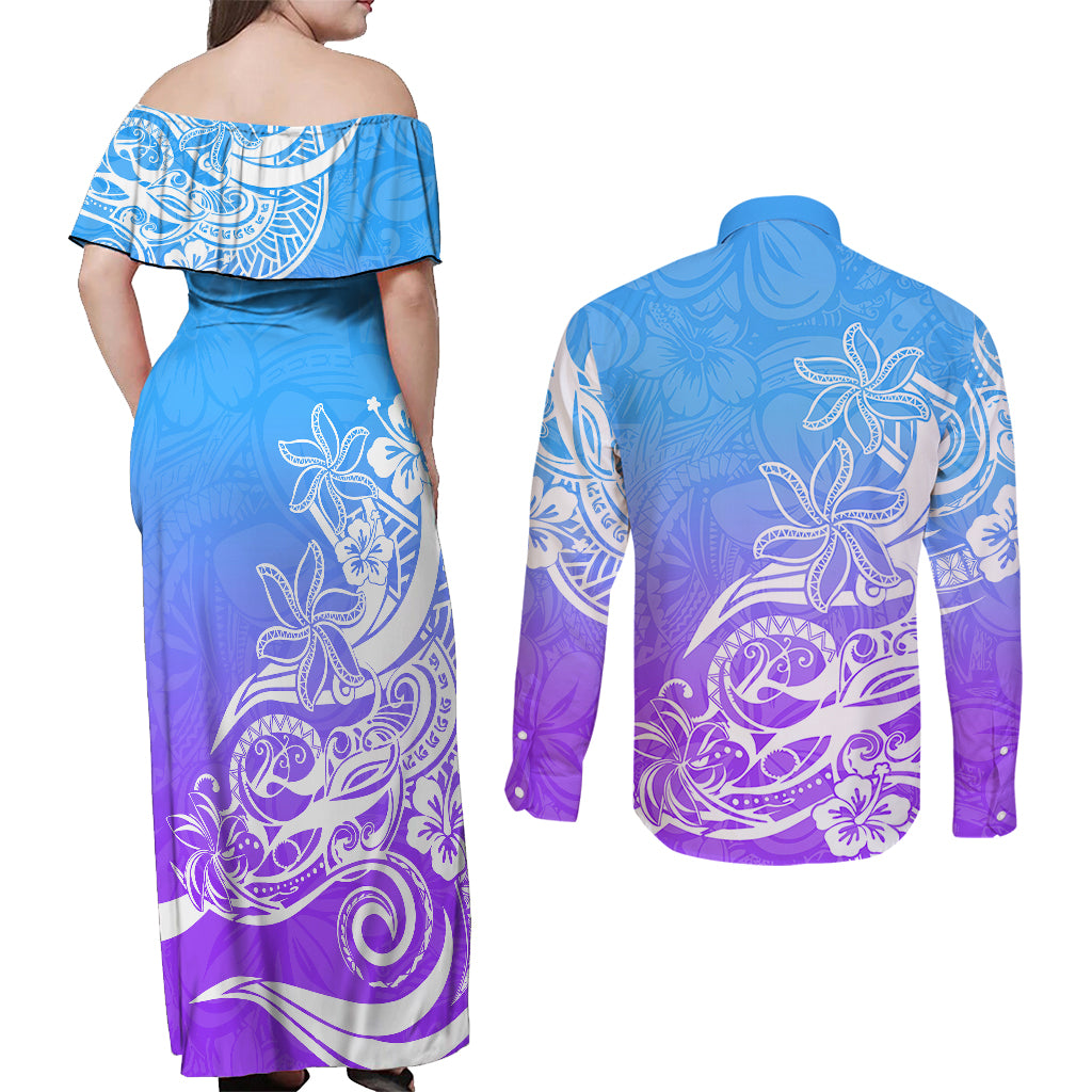 Polynesian Sunset Plumeria Couples Matching Off Shoulder Maxi Dress and Long Sleeve Button Shirts Pacific Island Tribal Blue Style LT9 - Wonder Print Shop