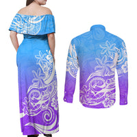 Polynesian Sunset Plumeria Couples Matching Off Shoulder Maxi Dress and Long Sleeve Button Shirts Pacific Island Tribal Blue Style LT9 - Wonder Print Shop