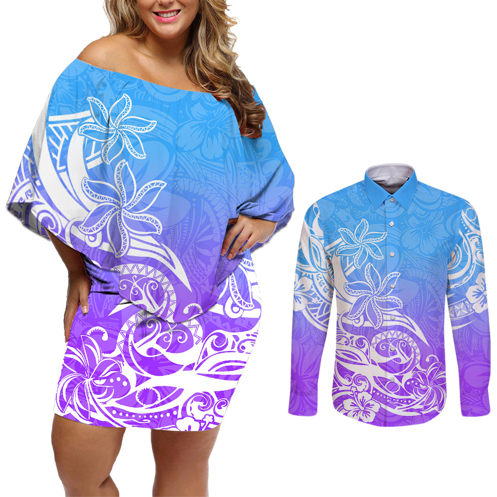 Polynesian Sunset Plumeria Couples Matching Off Shoulder Short Dress and Long Sleeve Button Shirts Pacific Island Tribal Blue Style LT9 - Wonder Print Shop