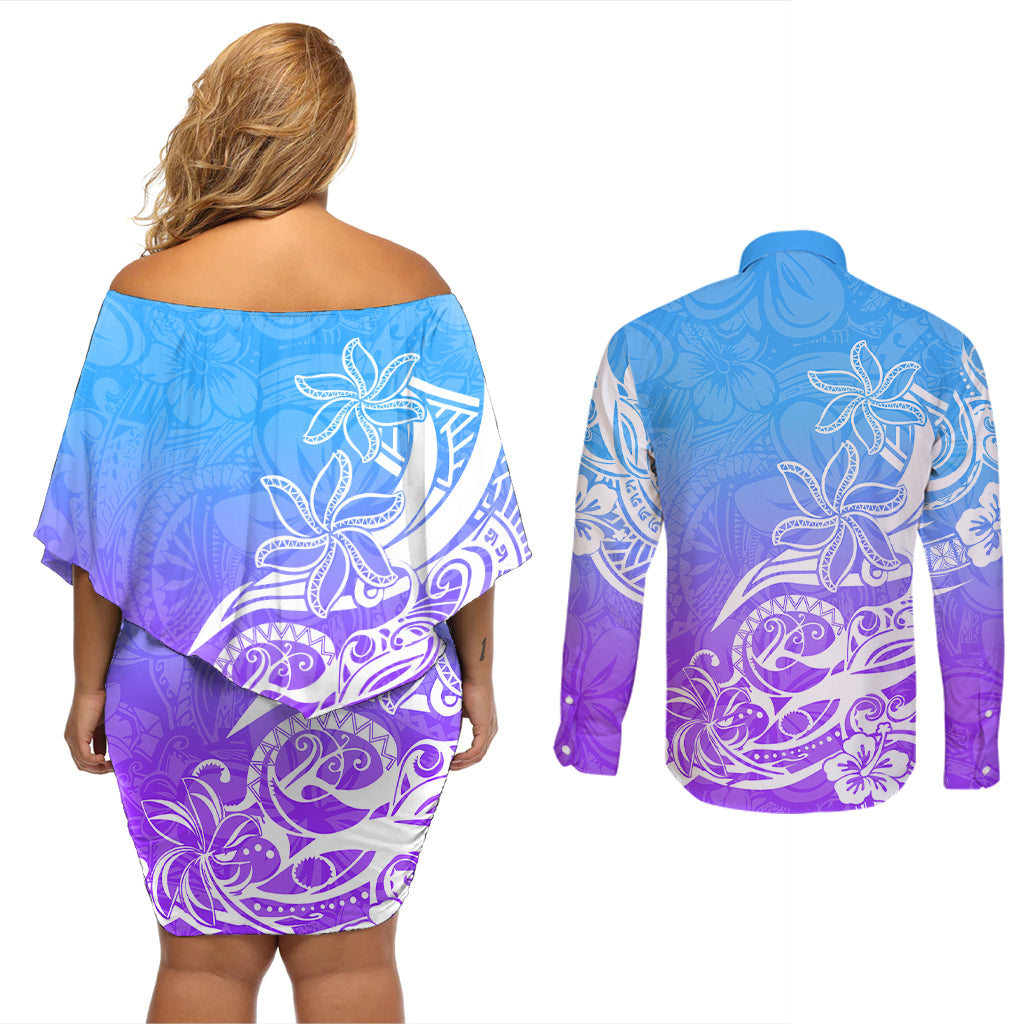 Polynesian Sunset Plumeria Couples Matching Off Shoulder Short Dress and Long Sleeve Button Shirts Pacific Island Tribal Blue Style LT9 - Wonder Print Shop