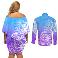 Polynesian Sunset Plumeria Couples Matching Off Shoulder Short Dress and Long Sleeve Button Shirts Pacific Island Tribal Blue Style LT9 - Wonder Print Shop