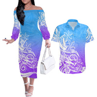 Polynesian Sunset Plumeria Couples Matching Off The Shoulder Long Sleeve Dress and Hawaiian Shirt Pacific Island Tribal Blue Style LT9 - Wonder Print Shop
