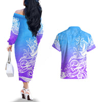 Polynesian Sunset Plumeria Couples Matching Off The Shoulder Long Sleeve Dress and Hawaiian Shirt Pacific Island Tribal Blue Style LT9 - Wonder Print Shop