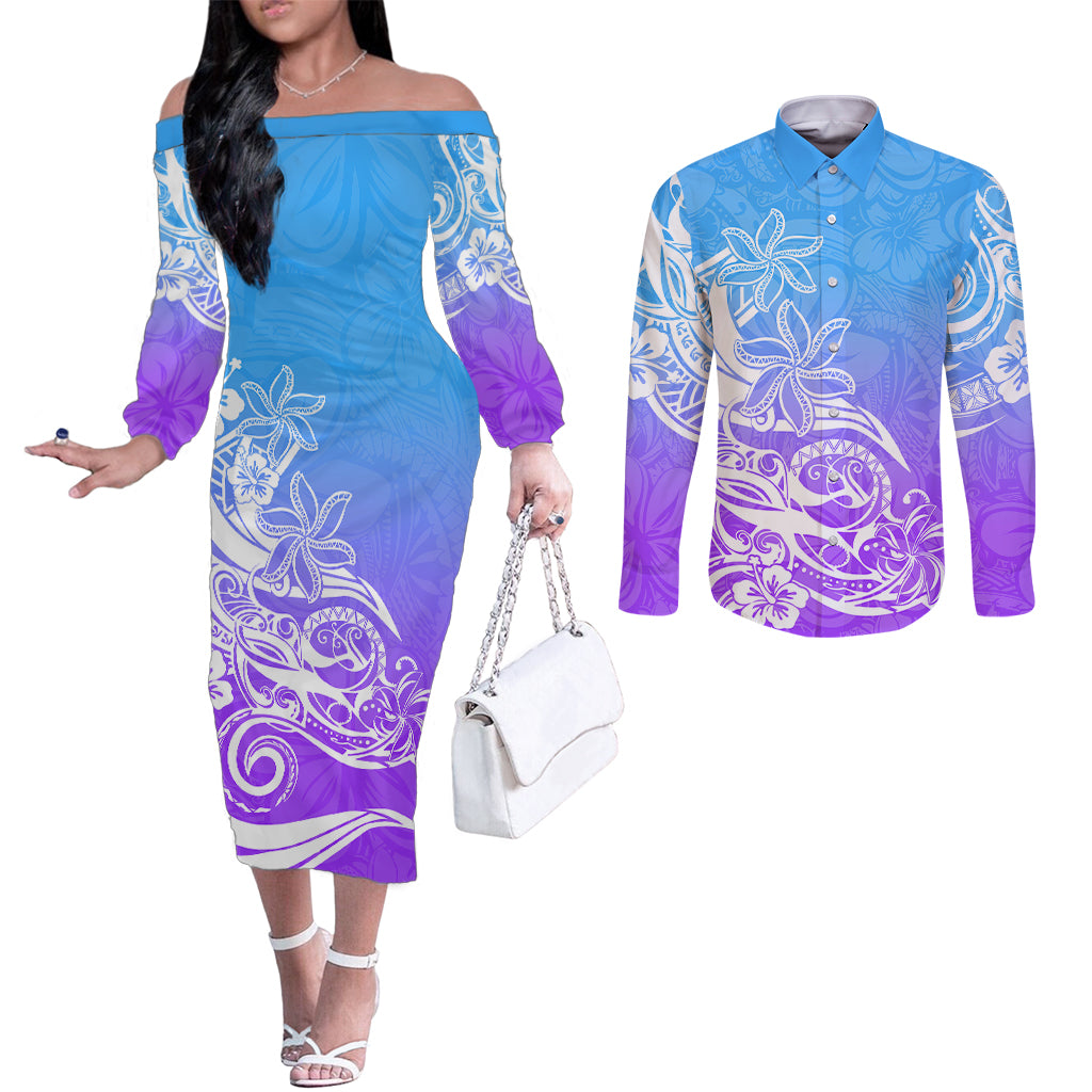 polynesian-sunset-plumeria-couples-matching-off-the-shoulder-long-sleeve-dress-and-long-sleeve-button-shirts-pacific-island-tribal-blue-style