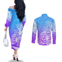 polynesian-sunset-plumeria-couples-matching-off-the-shoulder-long-sleeve-dress-and-long-sleeve-button-shirts-pacific-island-tribal-blue-style