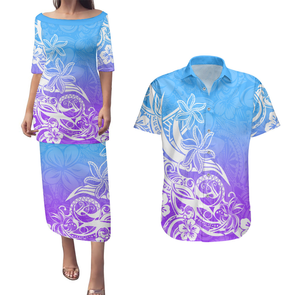 Polynesian Sunset Plumeria Couples Matching Puletasi Dress and Hawaiian Shirt Pacific Island Tribal Blue Style LT9 - Wonder Print Shop