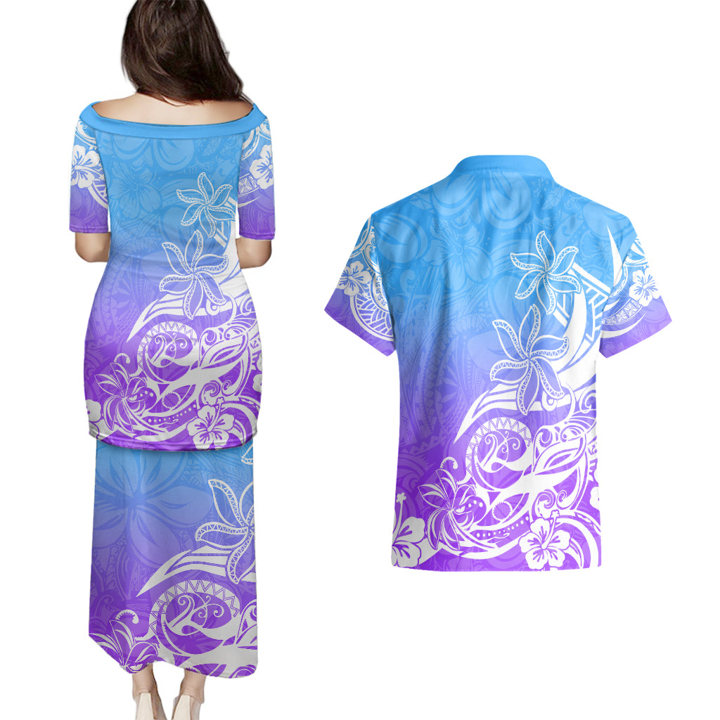 Polynesian Sunset Plumeria Couples Matching Puletasi Dress and Hawaiian Shirt Pacific Island Tribal Blue Style LT9 - Wonder Print Shop