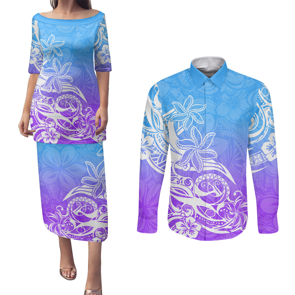 Polynesian Sunset Plumeria Couples Matching Puletasi Dress and Long Sleeve Button Shirts Pacific Island Tribal Blue Style LT9 - Wonder Print Shop
