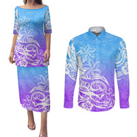 Polynesian Sunset Plumeria Couples Matching Puletasi Dress and Long Sleeve Button Shirts Pacific Island Tribal Blue Style LT9 - Wonder Print Shop