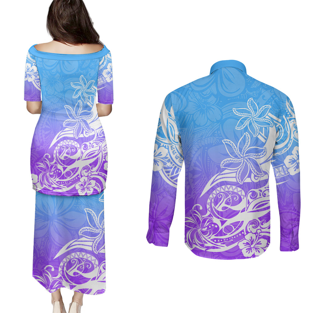 Polynesian Sunset Plumeria Couples Matching Puletasi Dress and Long Sleeve Button Shirts Pacific Island Tribal Blue Style LT9 - Wonder Print Shop