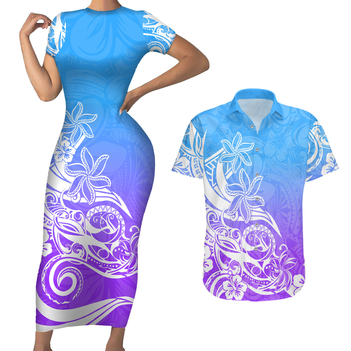 Polynesian Sunset Plumeria Couples Matching Short Sleeve Bodycon Dress and Hawaiian Shirt Pacific Island Tribal Blue Style LT9 - Wonder Print Shop