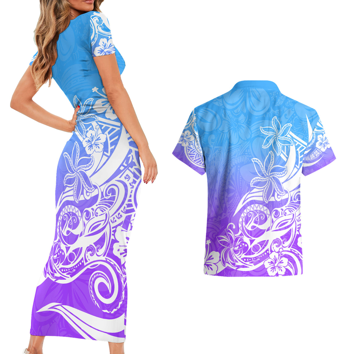 Polynesian Sunset Plumeria Couples Matching Short Sleeve Bodycon Dress and Hawaiian Shirt Pacific Island Tribal Blue Style LT9 - Wonder Print Shop