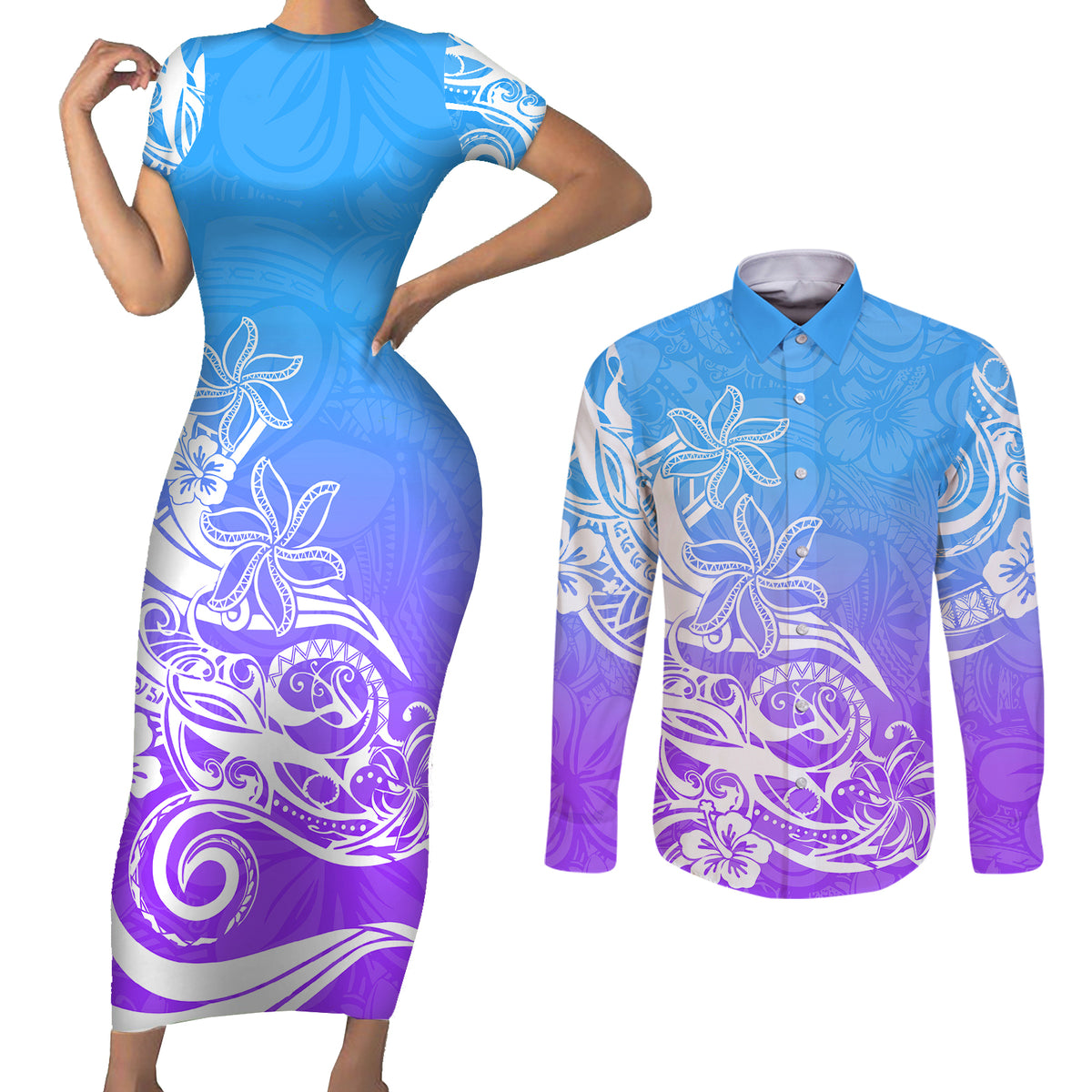 Polynesian Sunset Plumeria Couples Matching Short Sleeve Bodycon Dress and Long Sleeve Button Shirts Pacific Island Tribal Blue Style LT9 - Wonder Print Shop