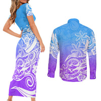 Polynesian Sunset Plumeria Couples Matching Short Sleeve Bodycon Dress and Long Sleeve Button Shirts Pacific Island Tribal Blue Style LT9 - Wonder Print Shop