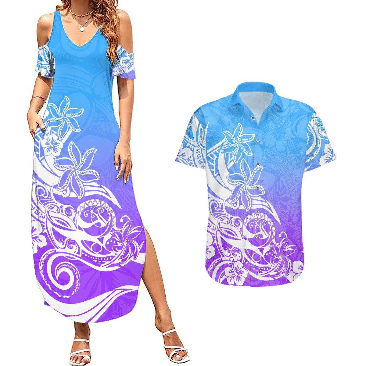 Polynesian Sunset Plumeria Couples Matching Summer Maxi Dress and Hawaiian Shirt Pacific Island Tribal Blue Style LT9 - Wonder Print Shop