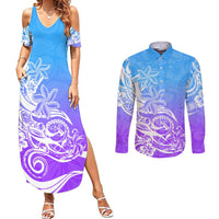 Polynesian Sunset Plumeria Couples Matching Summer Maxi Dress and Long Sleeve Button Shirts Pacific Island Tribal Blue Style LT9 - Wonder Print Shop