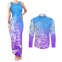 Polynesian Sunset Plumeria Couples Matching Tank Maxi Dress and Long Sleeve Button Shirts Pacific Island Tribal Blue Style LT9 - Wonder Print Shop