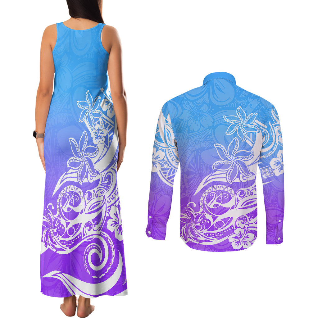 Polynesian Sunset Plumeria Couples Matching Tank Maxi Dress and Long Sleeve Button Shirts Pacific Island Tribal Blue Style LT9 - Wonder Print Shop