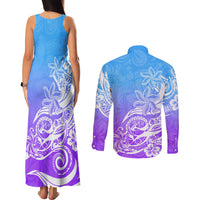 Polynesian Sunset Plumeria Couples Matching Tank Maxi Dress and Long Sleeve Button Shirts Pacific Island Tribal Blue Style LT9 - Wonder Print Shop