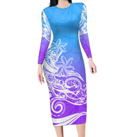 Polynesian Sunset Plumeria Long Sleeve Bodycon Dress Pacific Island Tribal Blue Style - Wonder Print Shop