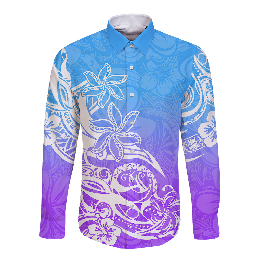 Polynesian Sunset Plumeria Long Sleeve Button Shirt Pacific Island Tribal Blue Style - Wonder Print Shop