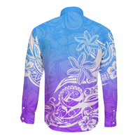 Polynesian Sunset Plumeria Long Sleeve Button Shirt Pacific Island Tribal Blue Style - Wonder Print Shop