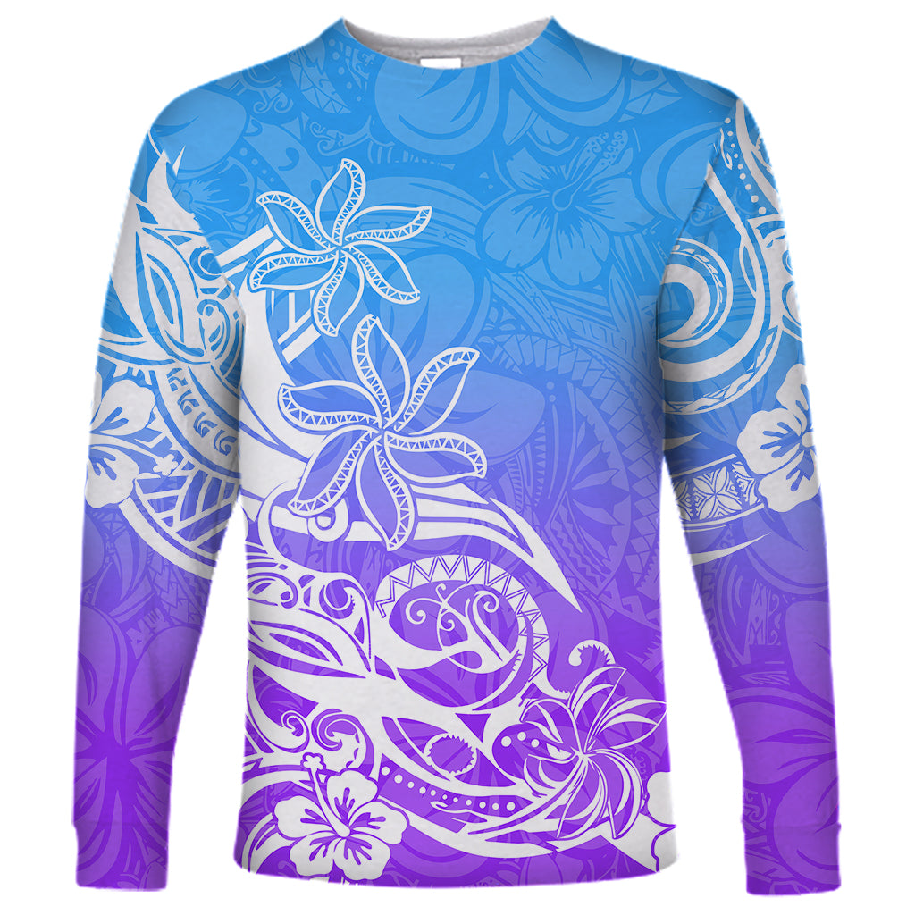 Polynesian Sunset Plumeria Long Sleeve Shirt Pacific Island Tribal Blue Style - Wonder Print Shop