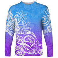 Polynesian Sunset Plumeria Long Sleeve Shirt Pacific Island Tribal Blue Style - Wonder Print Shop