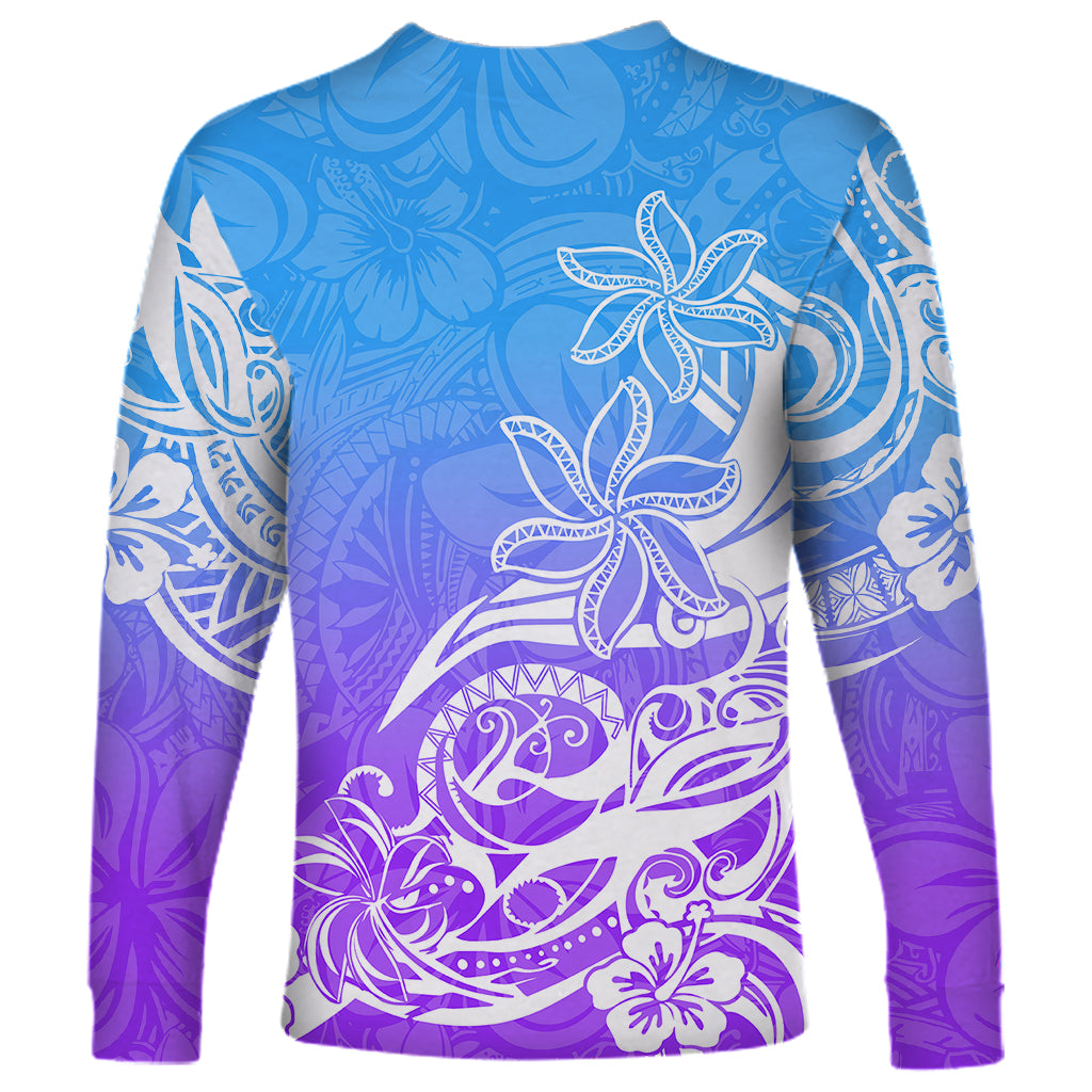 Polynesian Sunset Plumeria Long Sleeve Shirt Pacific Island Tribal Blue Style - Wonder Print Shop