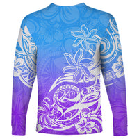 Polynesian Sunset Plumeria Long Sleeve Shirt Pacific Island Tribal Blue Style - Wonder Print Shop