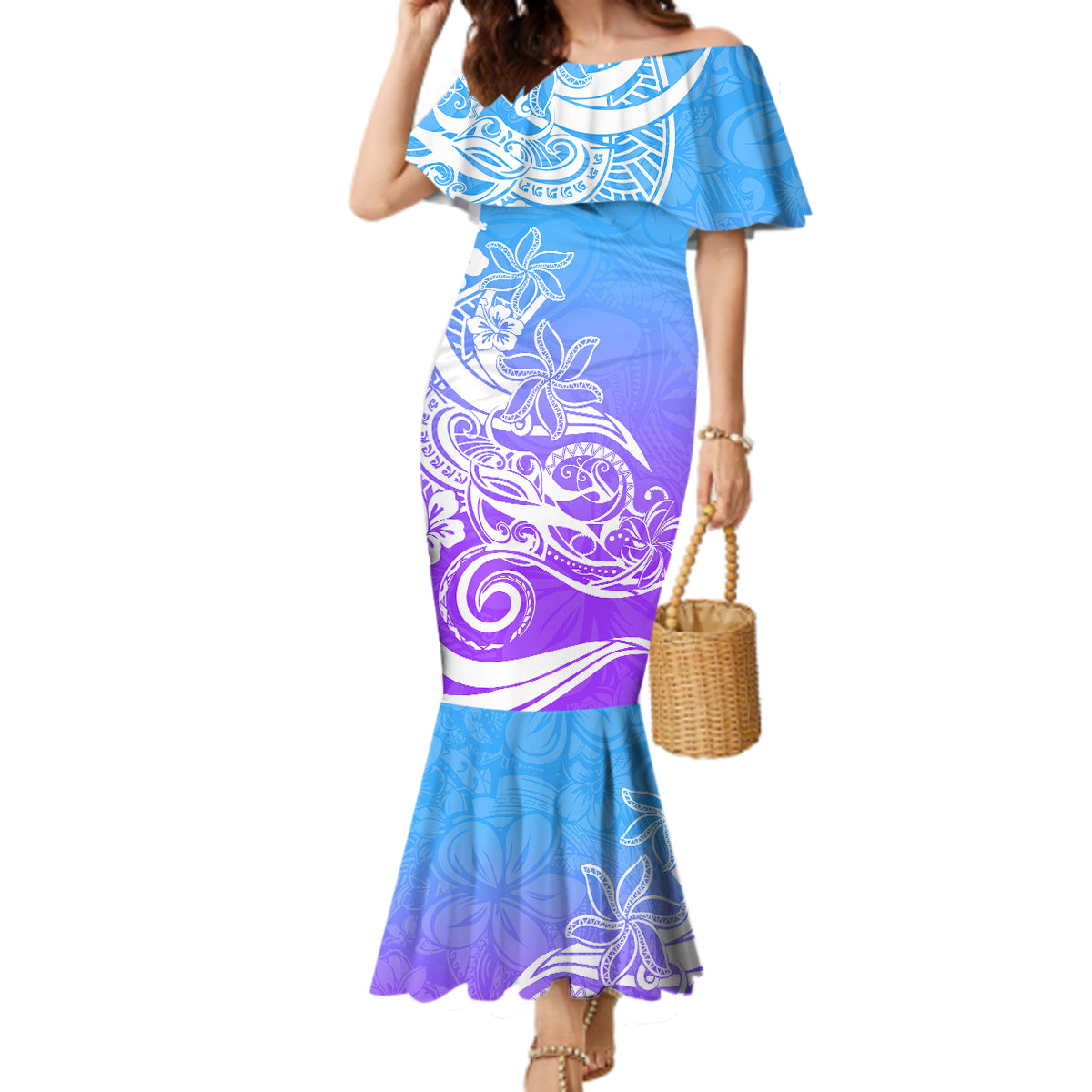 Polynesian Sunset Plumeria Mermaid Dress Pacific Island Tribal Blue Style - Wonder Print Shop
