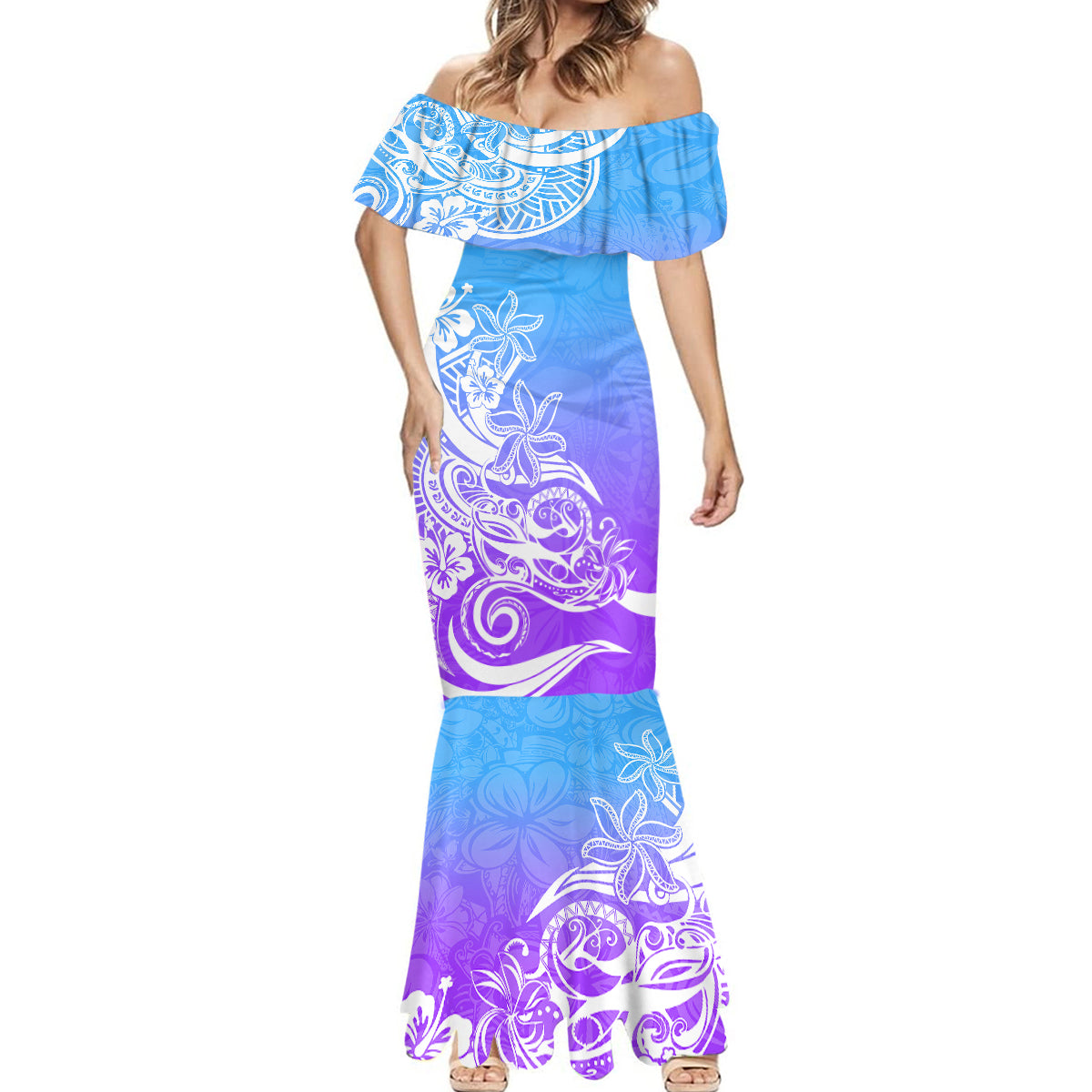 Polynesian Sunset Plumeria Mermaid Dress Pacific Island Tribal Blue Style - Wonder Print Shop