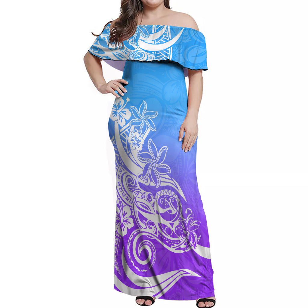 Polynesian Sunset Plumeria Off Shoulder Maxi Dress Pacific Island Tribal Blue Style - Wonder Print Shop