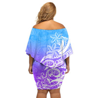 Polynesian Sunset Plumeria Off Shoulder Short Dress Pacific Island Tribal Blue Style - Wonder Print Shop