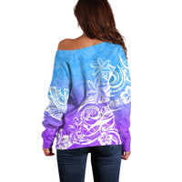 Polynesian Sunset Plumeria Off Shoulder Sweater Pacific Island Tribal Blue Style - Wonder Print Shop