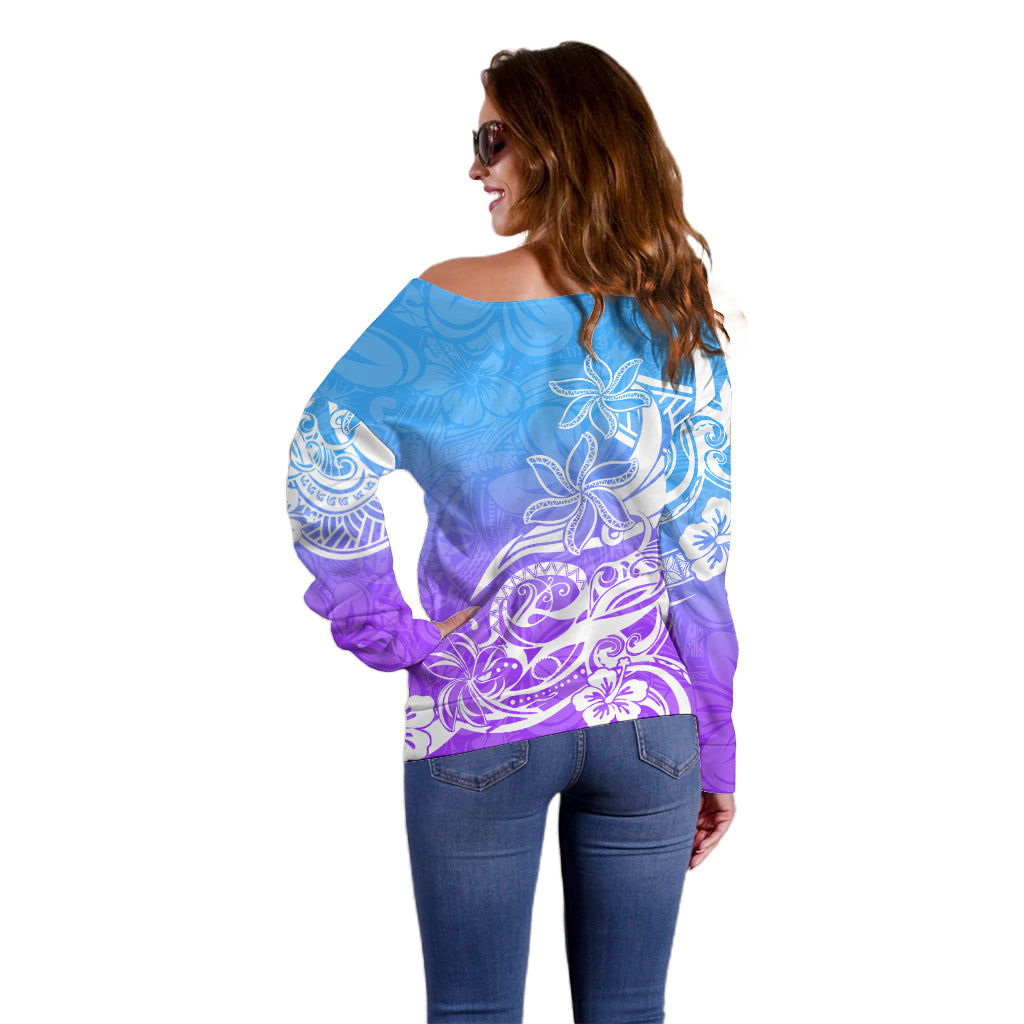 Polynesian Sunset Plumeria Off Shoulder Sweater Pacific Island Tribal Blue Style - Wonder Print Shop