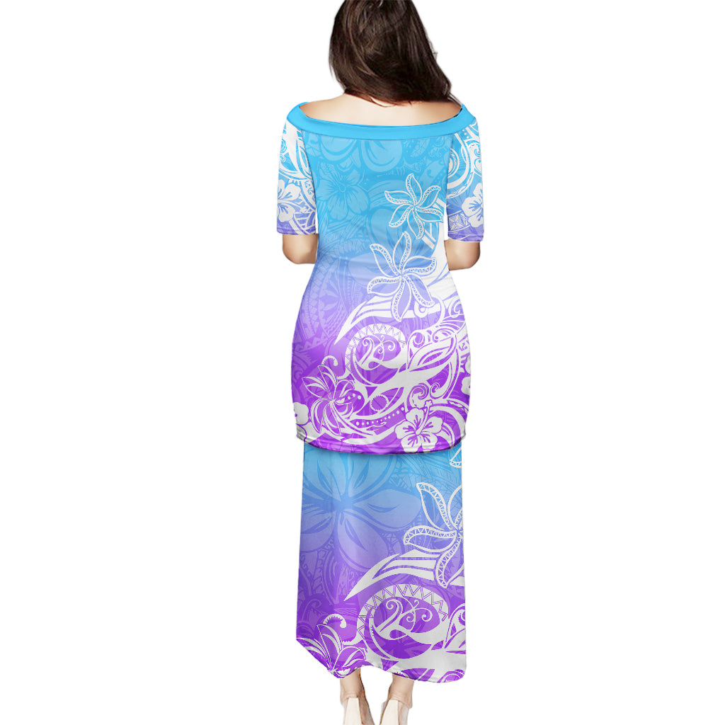 Polynesian Sunset Plumeria Puletasi Pacific Island Tribal Blue Style - Wonder Print Shop