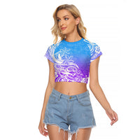 Polynesian Sunset Plumeria Raglan Cropped T Shirt Pacific Island Tribal Blue Style - Wonder Print Shop