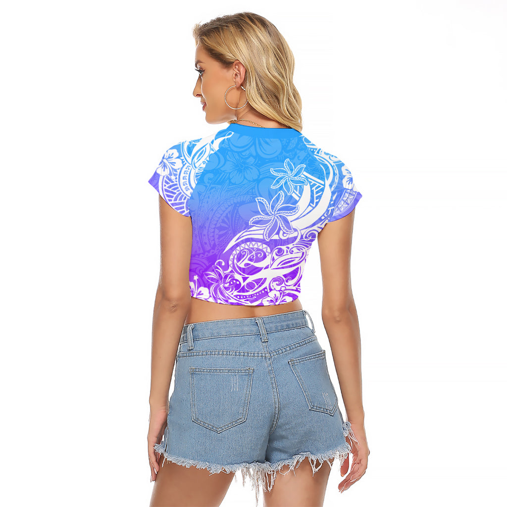 Polynesian Sunset Plumeria Raglan Cropped T Shirt Pacific Island Tribal Blue Style - Wonder Print Shop