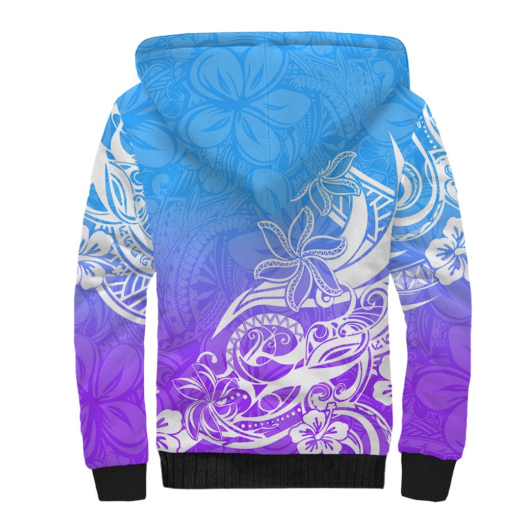 Polynesian Sunset Plumeria Sherpa Hoodie Pacific Island Tribal Blue Style - Wonder Print Shop